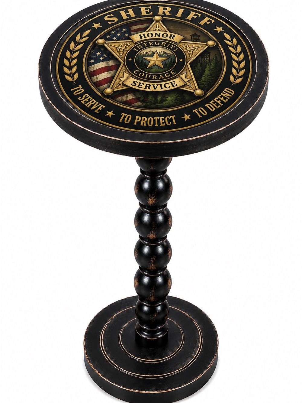 3 Day Sale! Sheriff Emblem Accent Table - Black and Gold Whiskey Drink Table